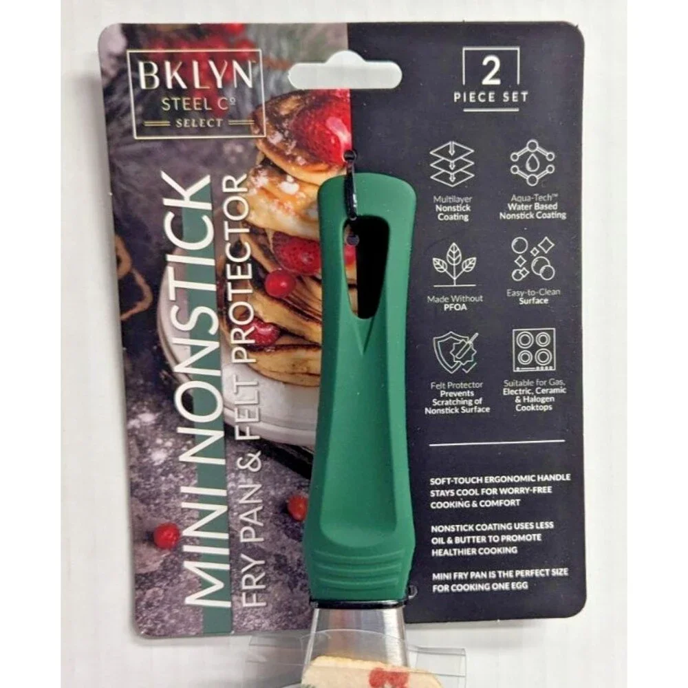 BKLYN Steel Fry Pan Green Mini Non-Stick and Felt Protector Christmas Design
